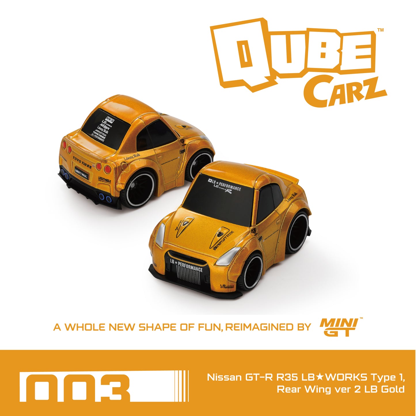 Mini GT - QubeCarz #003: Nissan GTR (R35) LB-Works Type 1, LB gold | 1:64