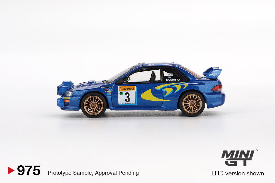 Mini GT #975 - Subaru Impreza WRC98 #3 Rally Monte-Carlo 3rd Place, blau/gelb | 1:64