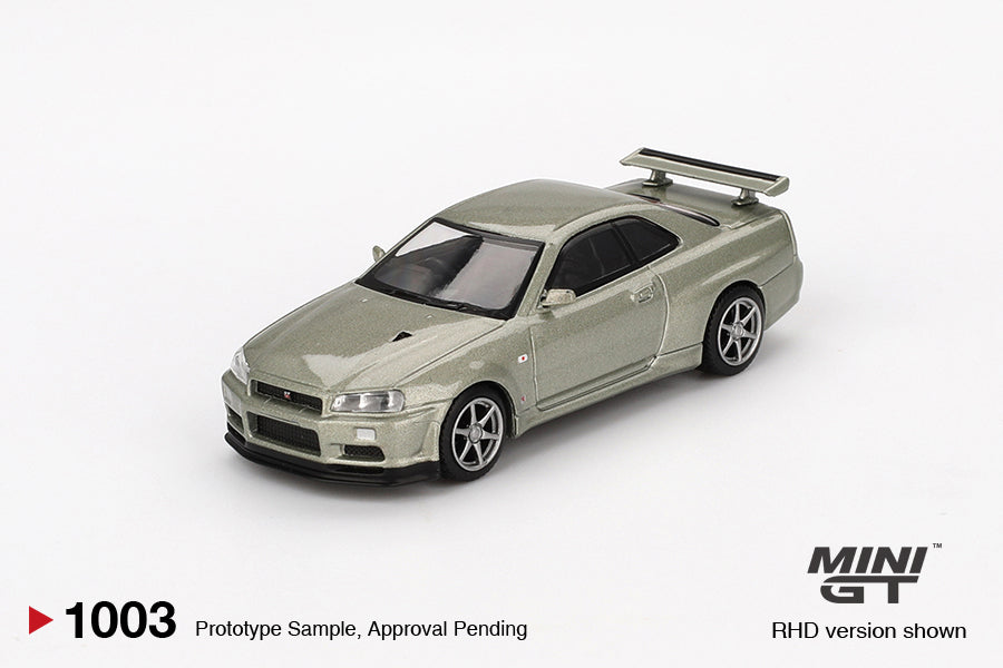 Mini GT #1003 - Nissan Skyline GT-R (R34) V-Spec II, Nur millenium jade | 1:64