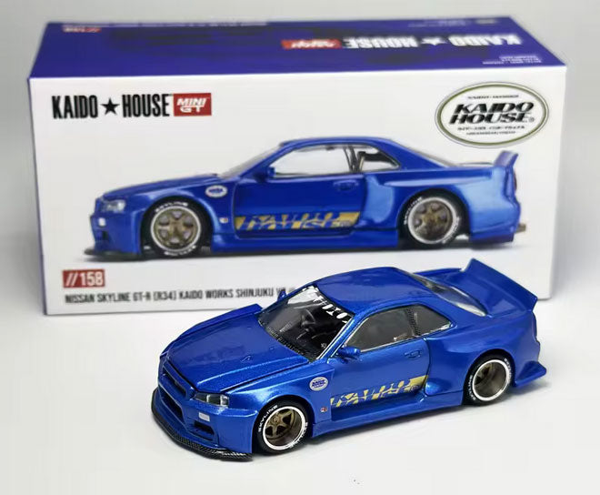 Kaido House - Mini GT: Nissan Skyline GT-R (R34) Kaido Works (V2 Aero) SHINJUKU V2 blau (KHMG158) | 1:64