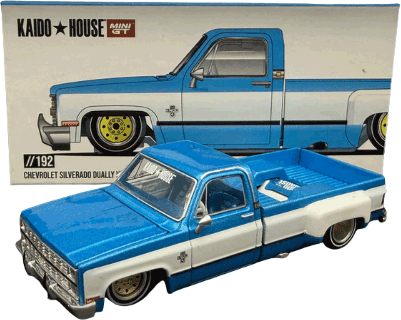 Kaido House - Mini GT: Chevrolet Silverado Dually Vintage Spec V1 (KHMG192), blue/white inkl. CHANCE auf CHASE | 1:64