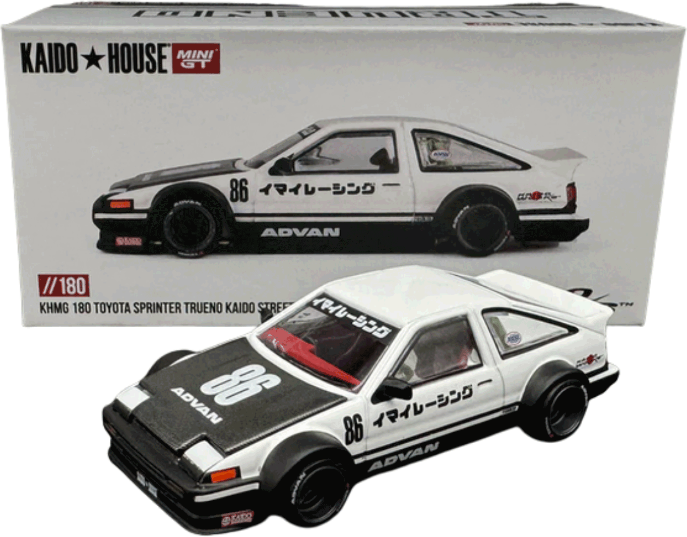 Kaido House - Mini GT: Toyota Sprinter Trueno (AE86) Kaido Works Imai Racing V1 (KHMG180), black/white | 1:64