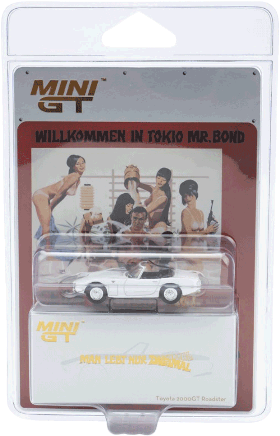 Mini GT #915-007E - Toyota 2000GT “Man lebt nur einmal!” German Blister Packaging | 1:64