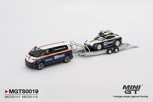 Mini GT S0019 - Porsche 911 Dakar #718 with Volkswagen ID. Buzz Porsche Centrum Gelderland Roughroads, white/blue | 1:64