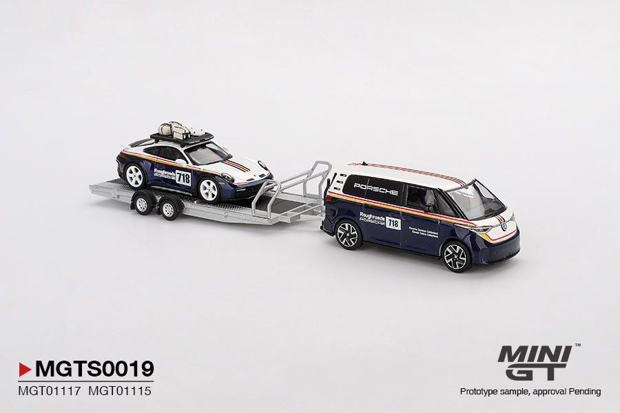 Mini GT S0019 - Porsche 911 Dakar #718 with Volkswagen ID. Buzz Porsche Centrum Gelderland Roughroads, white/blue | 1:64