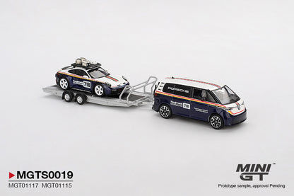 Mini GT S0019 - Porsche 911 Dakar #718 with Volkswagen ID. Buzz Porsche Centrum Gelderland Roughroads, white/blue | 1:64