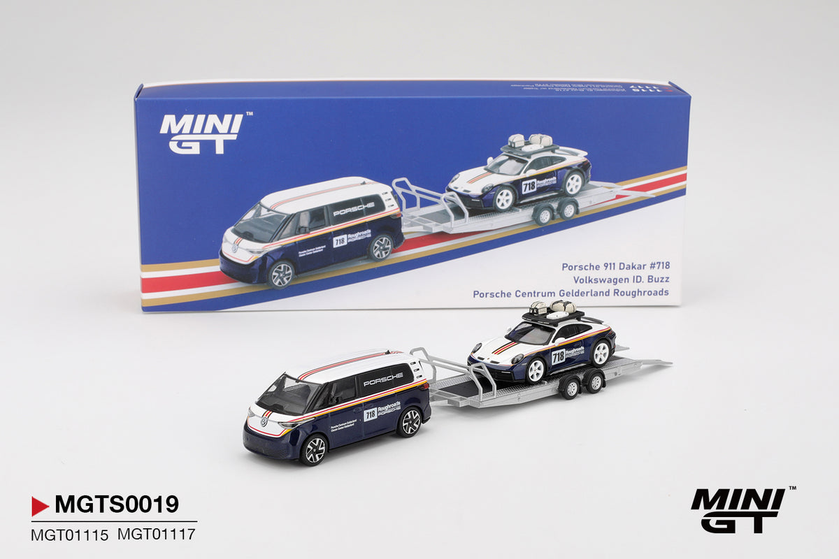 Mini GT S0019 - Porsche 911 Dakar #718 with Volkswagen ID. Buzz Porsche Centrum Gelderland Roughroads, white/blue | 1:64