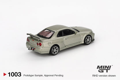 Mini GT #1003 - Nissan Skyline GT-R (R34) V-Spec II, Nur millenium jade | 1:64