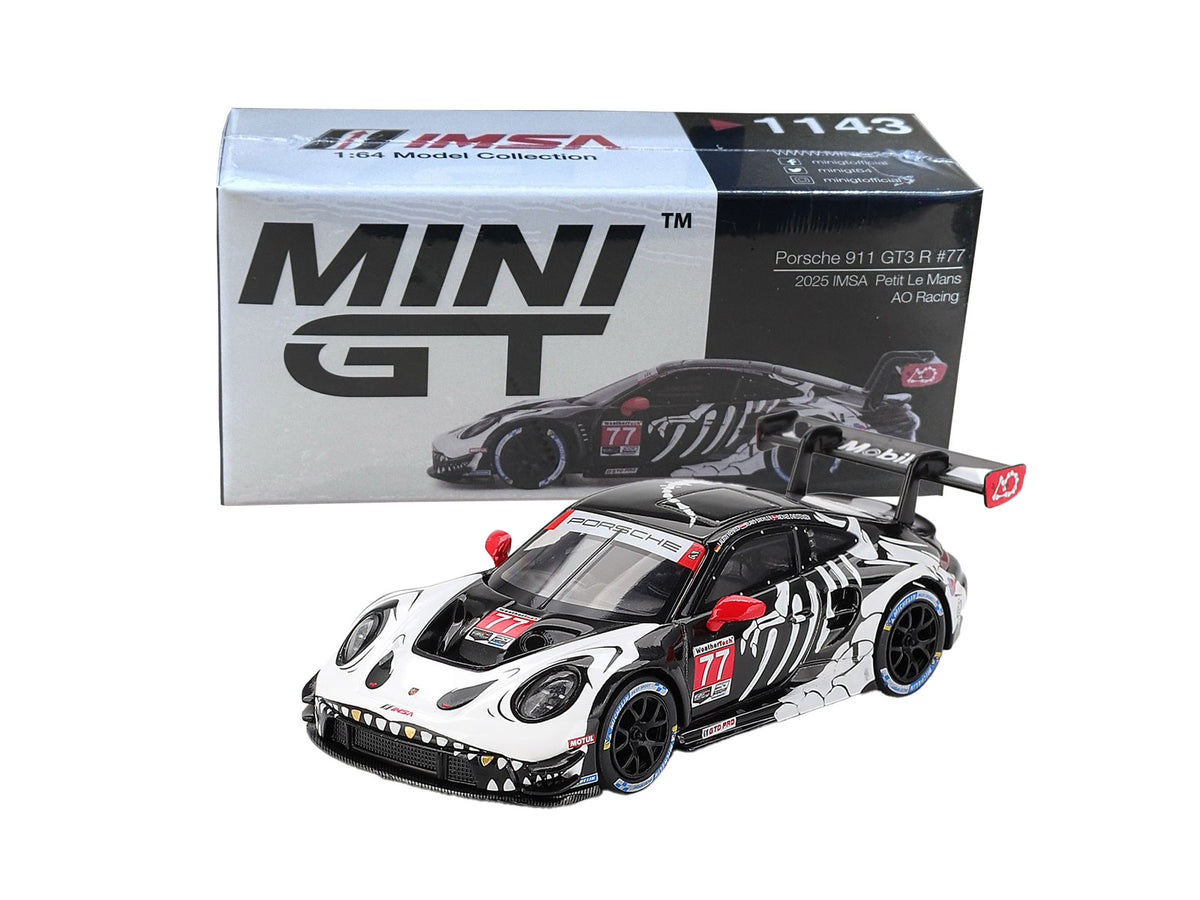Mini GT #1143 - Porsche 911 GT3 R #77 AO Racing 2025 IMSA Petit Le Mans, white/black/red | 1:64