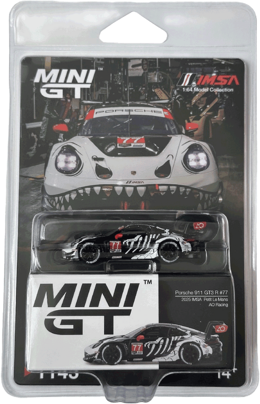Mini GT #1143 *BLISTER* - Porsche 911 GT3 R #77 AO Racing 2025 IMSA Petit Le Mans, white/black/red | 1:64