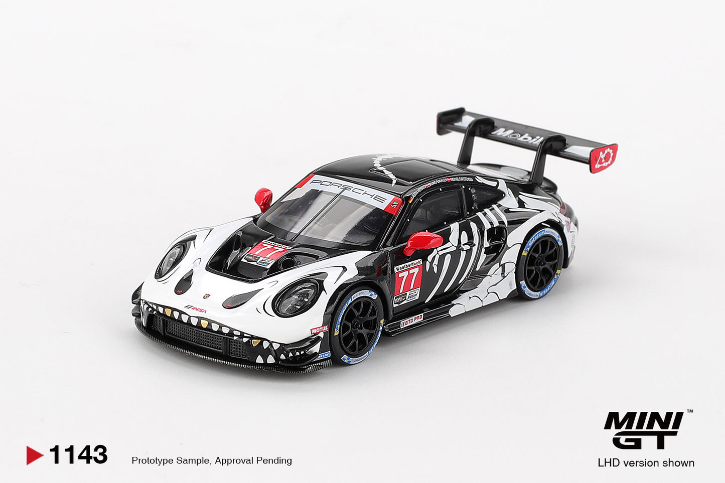 Mini GT #1143 - Porsche 911 GT3 R #77 AO Racing 2025 IMSA Petit Le Mans, white/black/red | 1:64