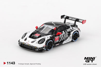 Mini GT #1143 - Porsche 911 GT3 R #77 AO Racing 2025 IMSA Petit Le Mans, white/black/red | 1:64