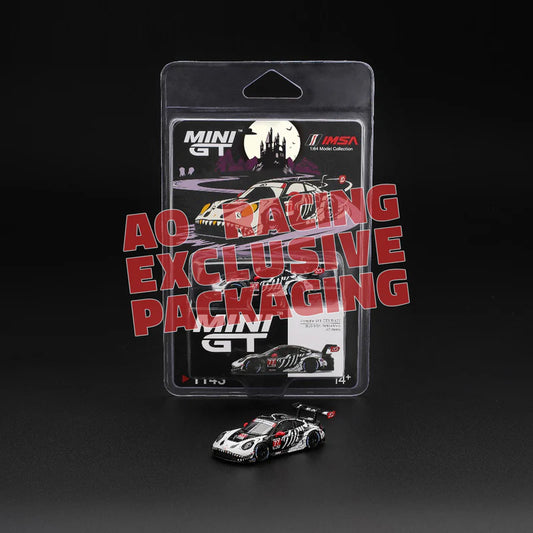 Mini GT #1143 *EXCLUSIVE AO-RACING BLISTER - Porsche 911 GT3 R #77 AO Racing 2025 IMSA Petit Le Mans, white/black/red | 1:64
