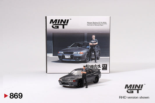 Mini GT #869 - Nissan Skyline GT-R (R32) Nismo with Tsugio Matsuda Figure, gunmetal | 1:64