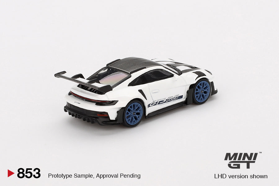 Mini GT #853 - Porsche 911 (992) GT3 RS Weissach Package White with Indigo Blue | 1:64