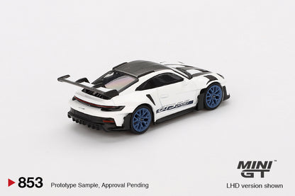 Mini GT #853 - Porsche 911 (992) GT3 RS Weissach Package White with Indigo Blue | 1:64