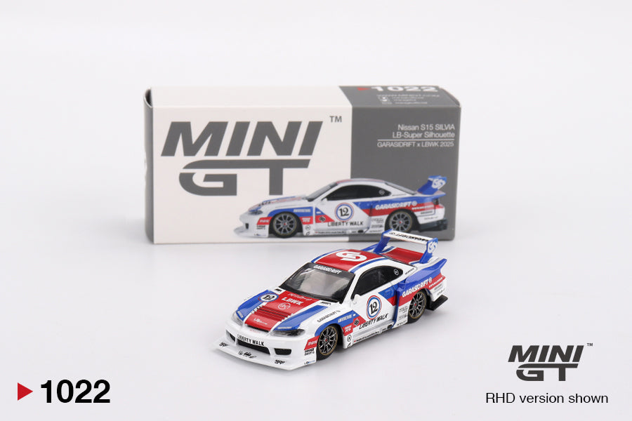 Mini GT #1022 - Nissan LBWK LB-Super Silhouette S15 Silvia Garasidrift, white/blue/red | 1:64