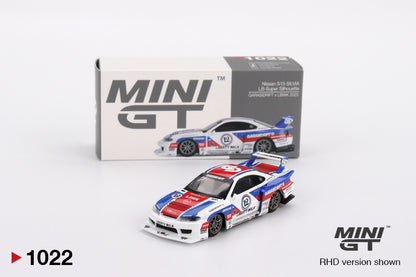 Mini GT #1022 - Nissan LBWK LB-Super Silhouette S15 Silvia Garasidrift, white/blue/red | 1:64