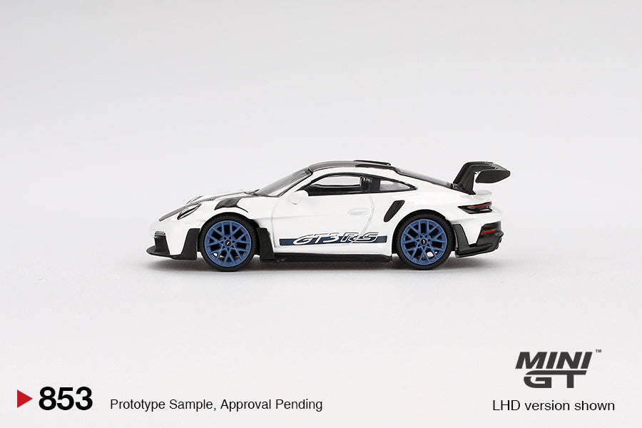 Mini GT #853 - Porsche 911 (992) GT3 RS Weissach Package White with Indigo Blue | 1:64