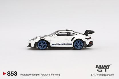 Mini GT #853 - Porsche 911 (992) GT3 RS Weissach Package White with Indigo Blue | 1:64