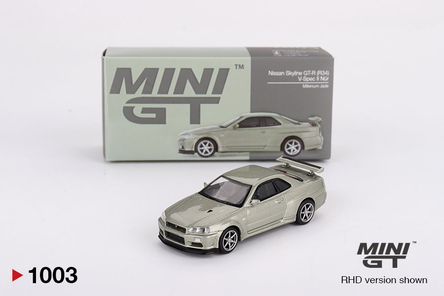 Mini GT #1003 - Nissan Skyline GT-R (R34) V-Spec II, Nur millenium jade | 1:64