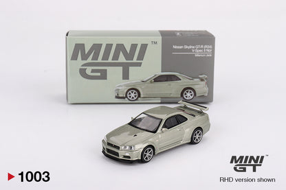 Mini GT #1003 - Nissan Skyline GT-R (R34) V-Spec II, Nur millenium jade | 1:64