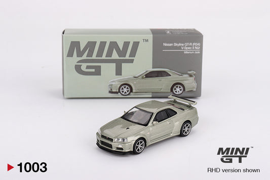 Mini GT #1003 - Nissan Skyline GT-R (R34) V-Spec II, Nur millenium jade | 1:64