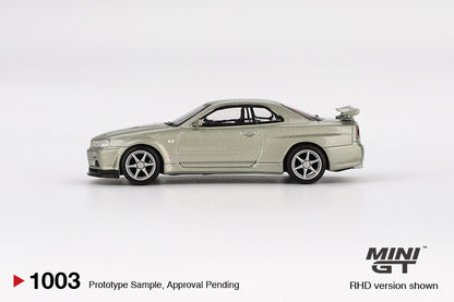 Mini GT #1003 - Nissan Skyline GT-R (R34) V-Spec II, Nur millenium jade | 1:64