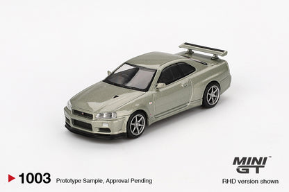 Mini GT #1003 - Nissan Skyline GT-R (R34) V-Spec II, Nur millenium jade | 1:64