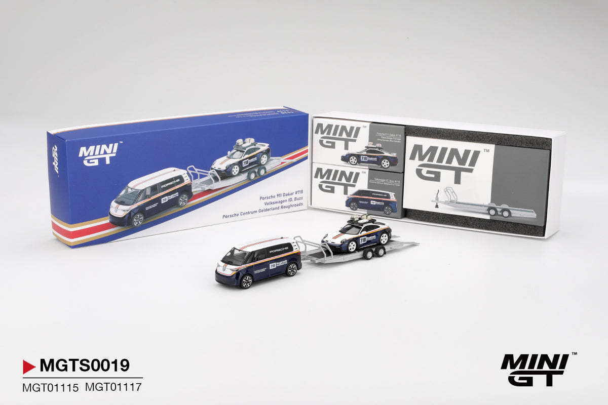 Mini GT S0019 - Porsche 911 Dakar #718 with Volkswagen ID. Buzz Porsche Centrum Gelderland Roughroads, white/blue | 1:64