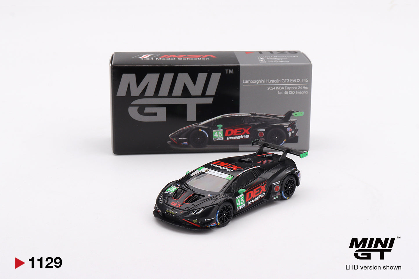 Mini GT #1129 -Lamborghini Huracán GT3 EVO2 #45 No. 45 DEX Imaging  2024 IMSA Daytona 24 Hrs | 1:64