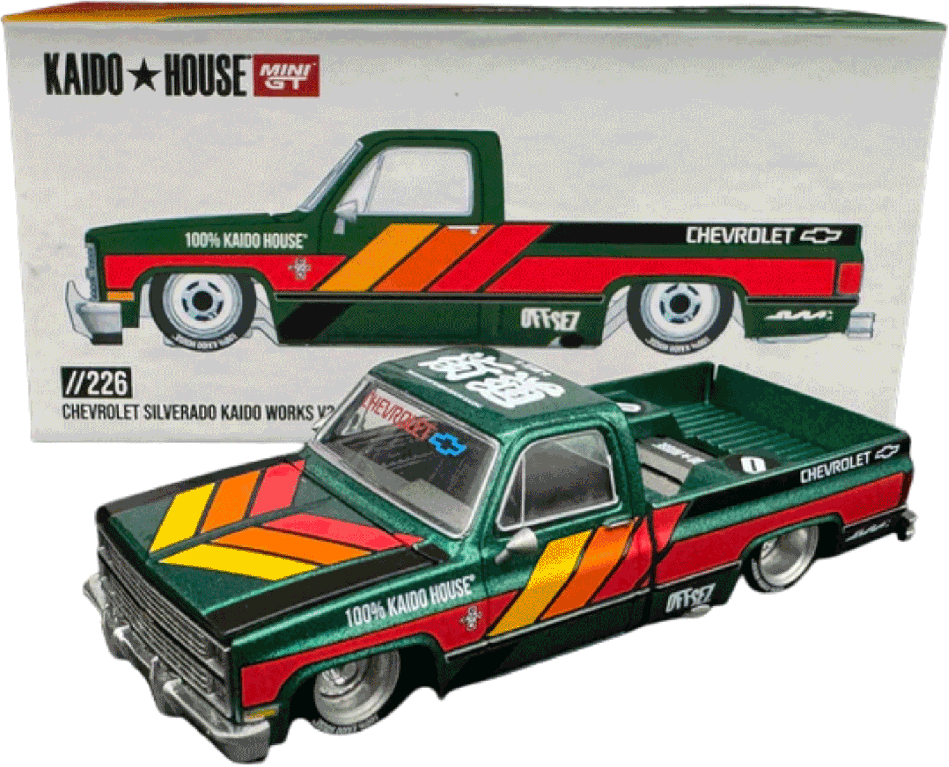 Kaido House - Mini GT: Chevrolet Silverado Kaido Works V3 (KHMG226), green | 1:64