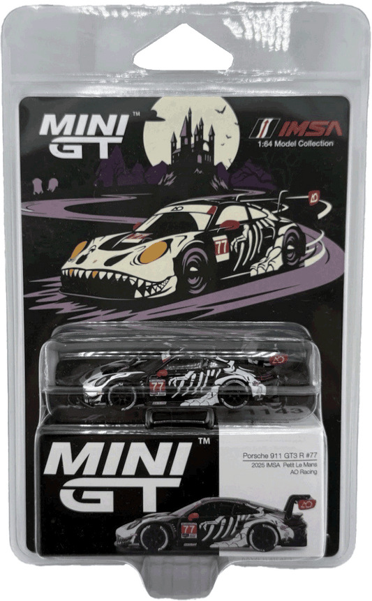 Mini GT #1143 *EXCLUSIVE AO-RACING BLISTER - Porsche 911 GT3 R #77 AO Racing 2025 IMSA Petit Le Mans, white/black/red | 1:64