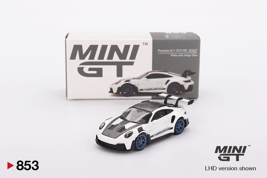 Mini GT #853 - Porsche 911 (992) GT3 RS Weissach Package White with Indigo Blue | 1:64