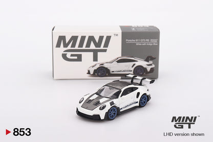 Mini GT #853 - Porsche 911 (992) GT3 RS Weissach Package White with Indigo Blue | 1:64