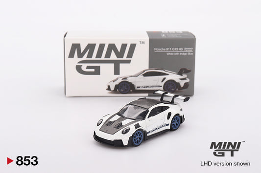 Mini GT #853 - Porsche 911 (992) GT3 RS Weissach Package White with Indigo Blue | 1:64