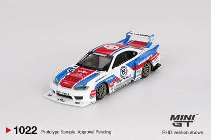 Mini GT #1022 - Nissan LBWK LB-Super Silhouette S15 Silvia Garasidrift, white/blue/red | 1:64